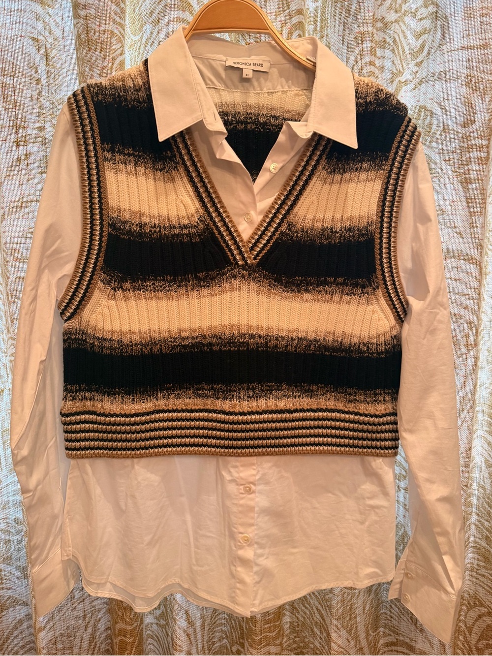 Veronica Beard Black and Cream Striped Knit V-Neck Sweater Vest